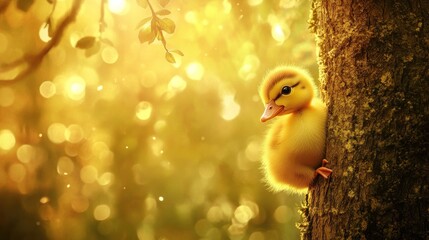 Poster - A cute yellow duckling perched on a tree, surrounded by a warm, glowing background.