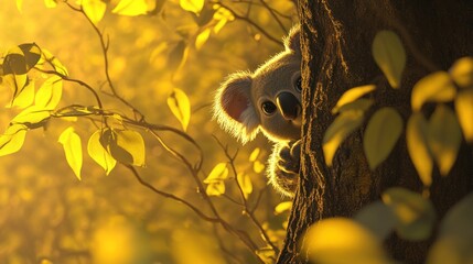 Poster - A cute koala peeks from behind a tree, surrounded by soft golden light and leaves.