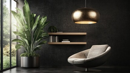 Poster - Modern interior featuring a sleek chair, vibrant plant, and stylish lighting.