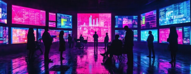 Fototapete - A futuristic meeting space with silhouettes against vibrant digital screens.