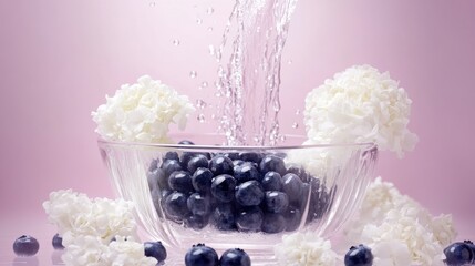 Poster - A glass bowl filled with blueberries and white flowers, with water cascading over it.