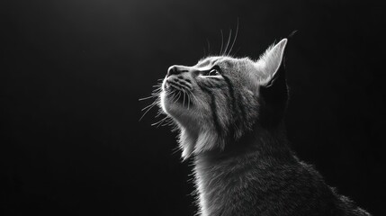 Poster - A black and white image of a cat gazing upwards, highlighting its features and expression.