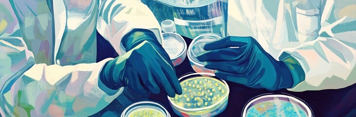 Aufkleber - Scientists in lab coats examining petri dishes with colorful cultures.