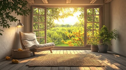 Poster - A serene room with a cozy chair and a view of a lush garden through large windows.