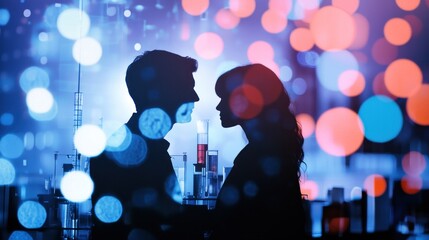 Aufkleber - A romantic silhouette against a scientific background with colorful bokeh lights.