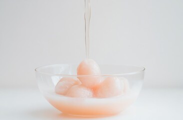 Poster - A glass bowl filled with translucent, pinkish spheres, with liquid being poured over them.