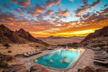 Fototapete - A serene poolside view at sunset, surrounded by mountains and desert landscape.