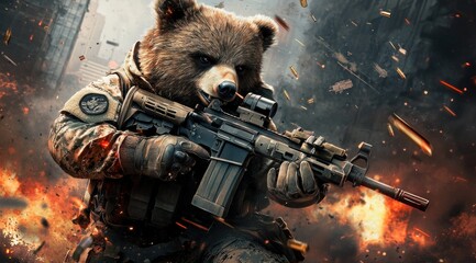 Poster - A bear in military gear wielding a rifle amidst an explosive background.