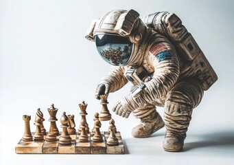 Aufkleber - An astronaut playing chess, symbolizing strategy and contemplation in space.