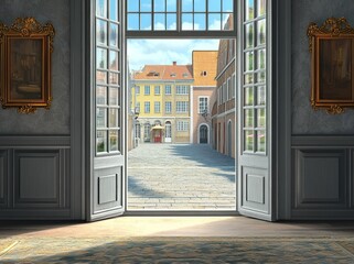 Poster - A view from an elegant room overlooking a charming square with colorful buildings.