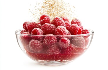 Poster - A bowl of fresh raspberries with sugar sprinkled on top, highlighting a delicious dessert option.