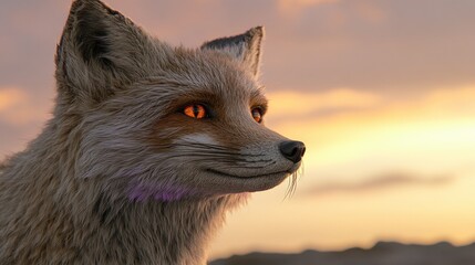 Poster - A close-up of a fox with glowing eyes against a sunset background.