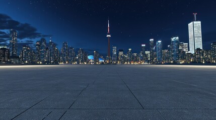 Poster - A nighttime cityscape featuring a skyline with a prominent tower and a clear starry sky.