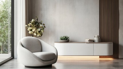 Poster - A modern, minimalist living space featuring a cozy chair and decorative plants.