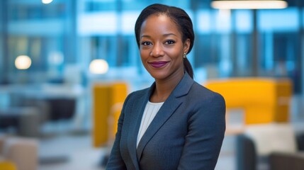 Fototapete - A professional woman in a suit smiles confidently in a modern office environment.