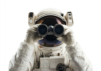 Poster - An astronaut holding binoculars, gazing into the distance against a white background.