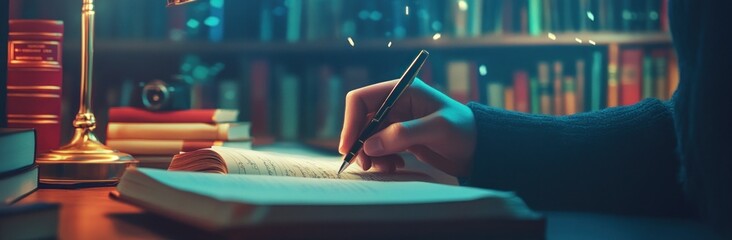 Aufkleber - A hand writing in a book, surrounded by shelves filled with books and a warm lamp light.