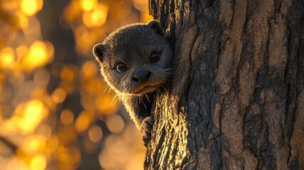 Poster - A curious otter peeks from behind a tree, surrounded by warm autumn colors.