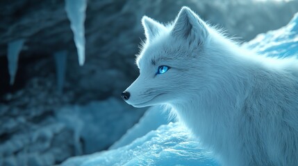 Poster - A close-up of an arctic fox with striking blue eyes in a snowy environment.