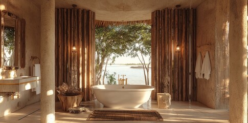 Poster - A serene bathroom with a view, featuring a freestanding tub and natural materials.