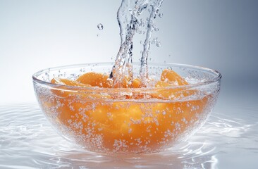 Poster - A splash of water over orange fruits in a glass bowl, creating a refreshing visual effect.