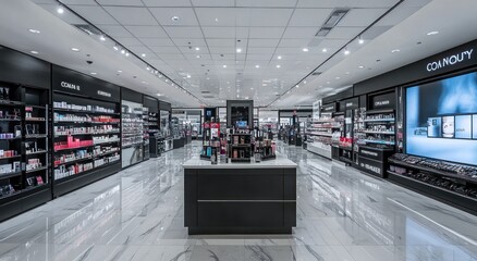 Poster - A modern retail space showcasing beauty and cosmetic products on sleek shelves.