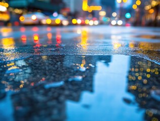 Poster - A city street after rain, reflecting lights and buildings in puddles.