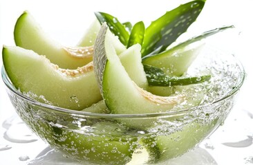 Poster - Fresh melon slices and aloe vera in sparkling water, showcasing a refreshing beverage.