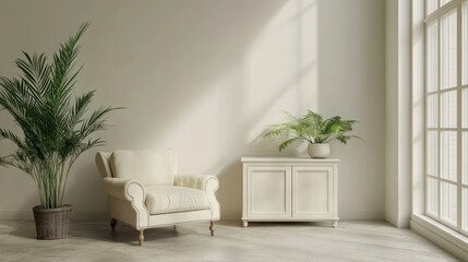 Poster - A serene interior featuring a cozy chair, a cabinet, and a lush plant by a large window.