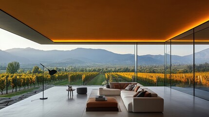 Aufkleber - Modern living room with panoramic views of a vineyard and mountains.