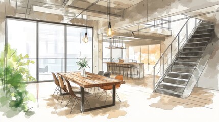 Aufkleber - Modern office space with a dining area and staircase, featuring natural light and greenery.