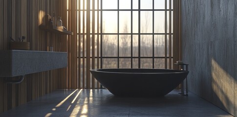 Poster - A serene bathroom with a modern bathtub and large windows, inviting natural light.