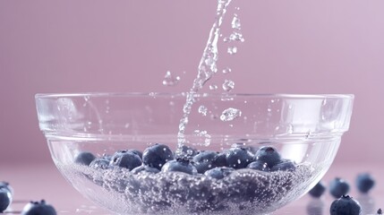 Poster - Fresh blueberries splashing in a bowl of water, highlighting cleanliness and freshness.