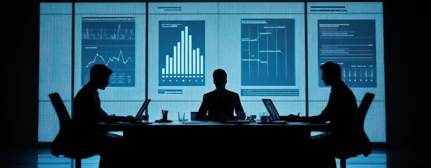 Aufkleber - A silhouette of three professionals in a meeting, analyzing data on large screens.