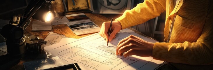 Aufkleber - A person sketches designs on paper under warm light, surrounded by various documents.