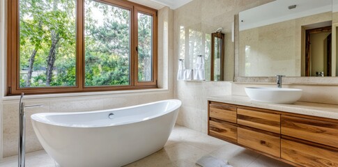 Poster - Modern bathroom featuring a freestanding tub and wooden cabinetry with natural light.
