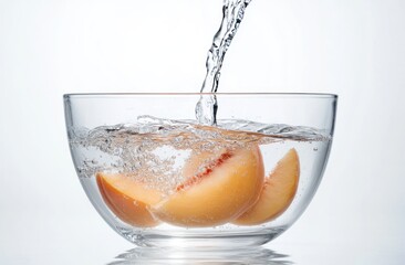 Poster - Fresh peach slices splashing into a bowl of water, showcasing freshness and vitality.