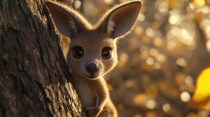 Poster - A cute, animated kangaroo peeks from behind a tree, surrounded by a warm, autumnal atmosphere.