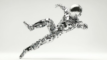Poster - A reflective humanoid figure in a dynamic pose, suggesting movement and energy.