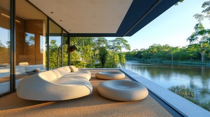Poster - Modern outdoor seating area overlooking a serene river, surrounded by lush greenery.