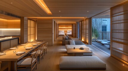 Poster - A serene, modern interior featuring wooden elements, soft lighting, and minimalist furniture.