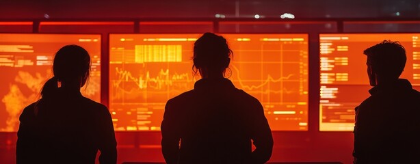 Aufkleber - Silhouettes of individuals observing data on glowing screens in a high-tech environment.