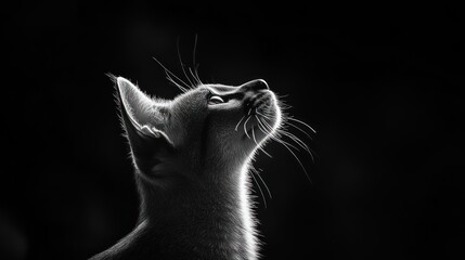 Poster - A black and white silhouette of a cat gazing upwards, emphasizing its features and expression.