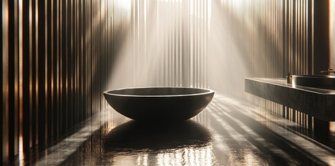 Poster - A serene bathroom scene featuring a large black basin illuminated by soft, natural light.
