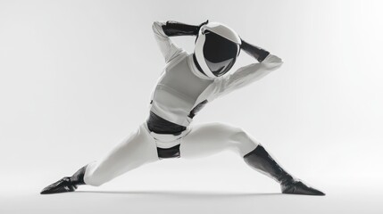Leinwandbilder - A figure in a sleek, futuristic outfit poses dynamically against a minimalist background.