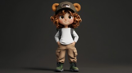 Aufkleber - A cute cartoon character with curly hair, wearing a bear-themed hat and casual outfit.
