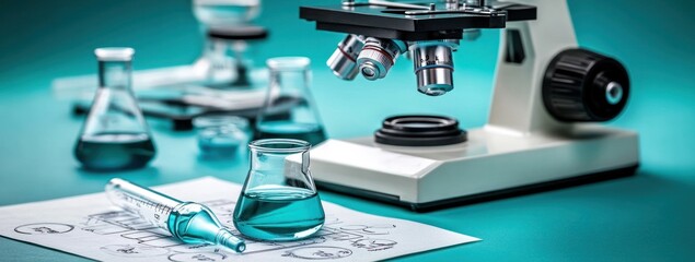 Aufkleber - A microscope surrounded by laboratory glassware and a pipette on a scientific workspace.