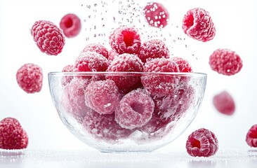 Poster - A bowl of fresh raspberries coated in sugar, surrounded by scattered berries.