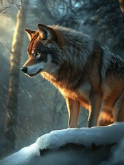 Poster - A majestic wolf stands on a snowy ledge, illuminated by soft light in a forest setting.