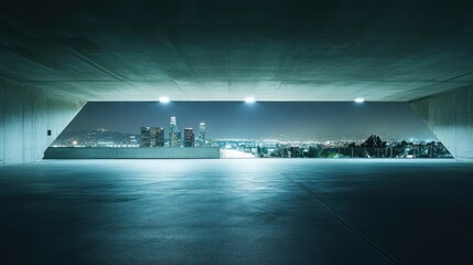 Poster - A nighttime urban view from a parking structure, showcasing city lights and architecture.